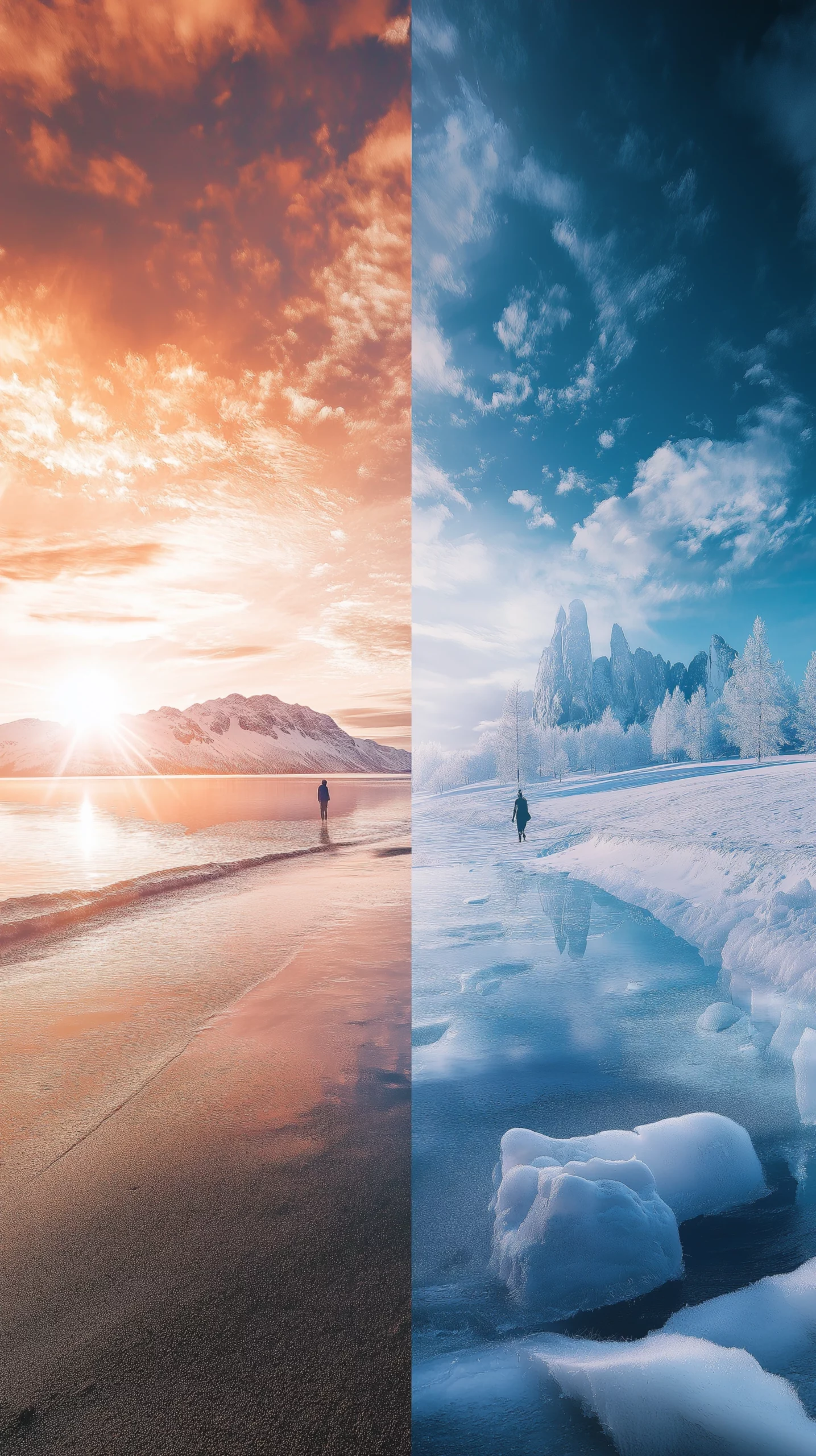 sunlit beaches and dynamic snowy mountains